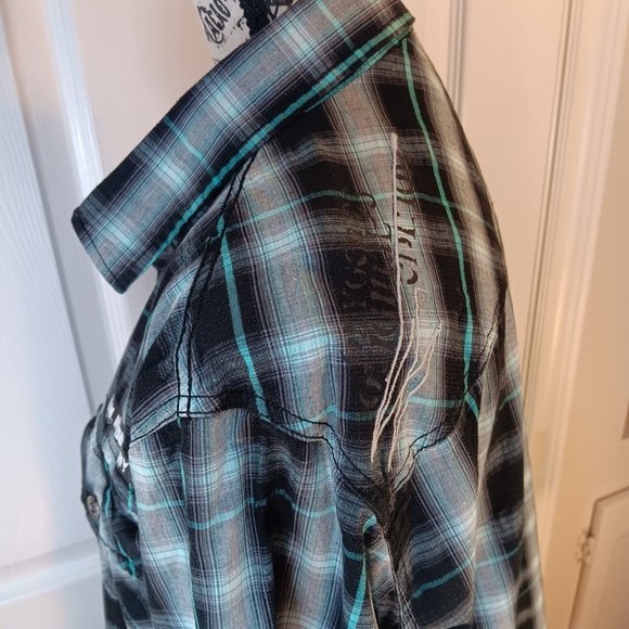 Oxygen NWOT Men's Turquoise Black Button Down Long Sleeve Graphic Shirt Size L - Picture 12 of 16